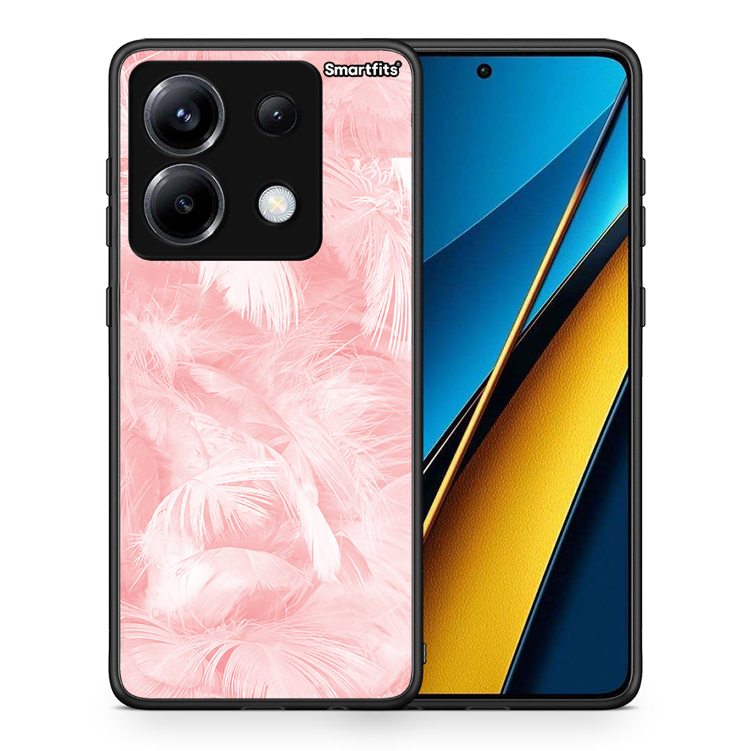 Θήκη Xiaomi Poco X6 Pink Feather Boho από τη Smartfits με σχέδιο στο πίσω μέρος και μαύρο περίβλημα | Xiaomi Poco X6 Pink Feather Boho case with colorful back and black bezels