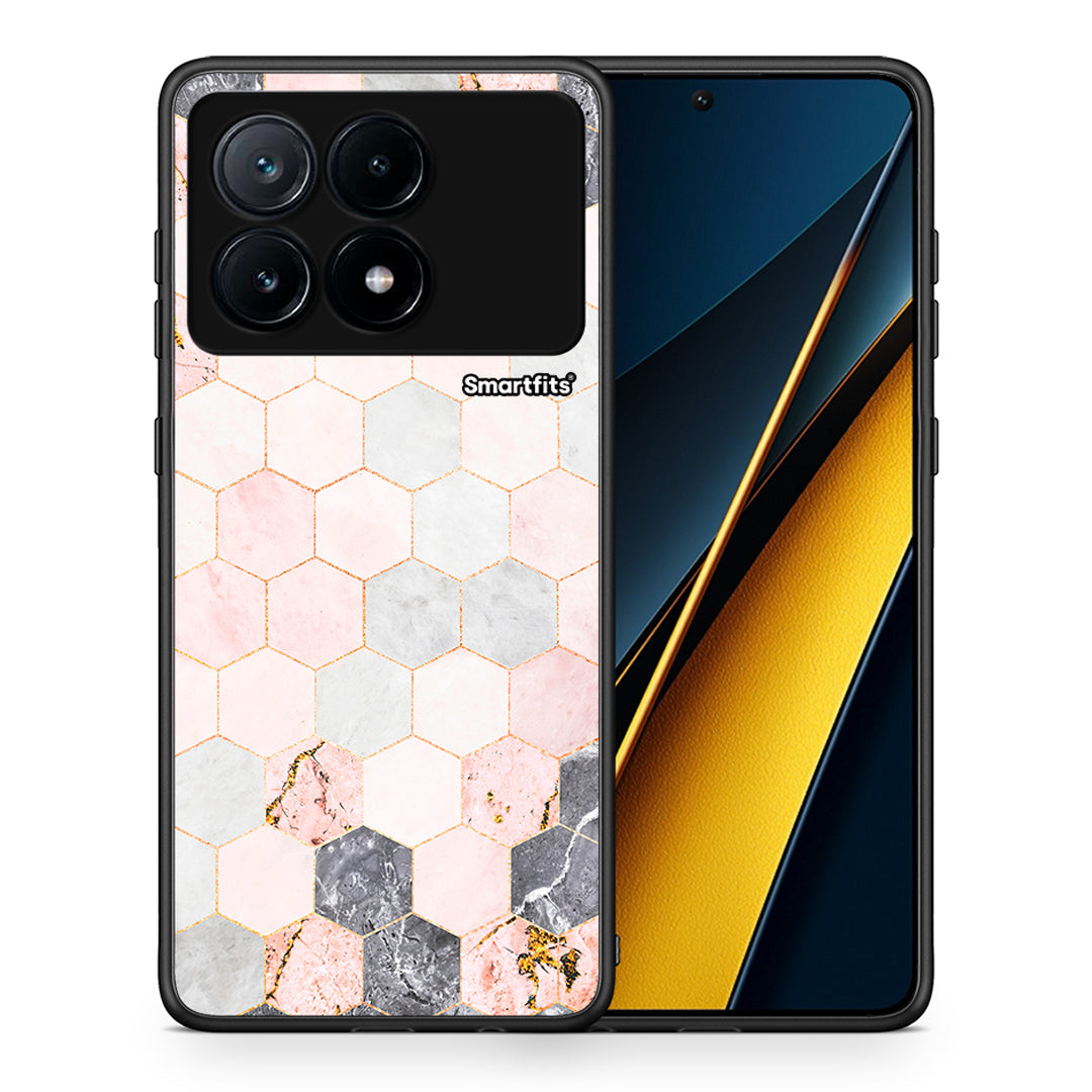 Θήκη Xiaomi Poco X6 Pro 5G Hexagon Pink Marble από τη Smartfits με σχέδιο στο πίσω μέρος και μαύρο περίβλημα | Xiaomi Poco X6 Pro 5G Hexagon Pink Marble case with colorful back and black bezels