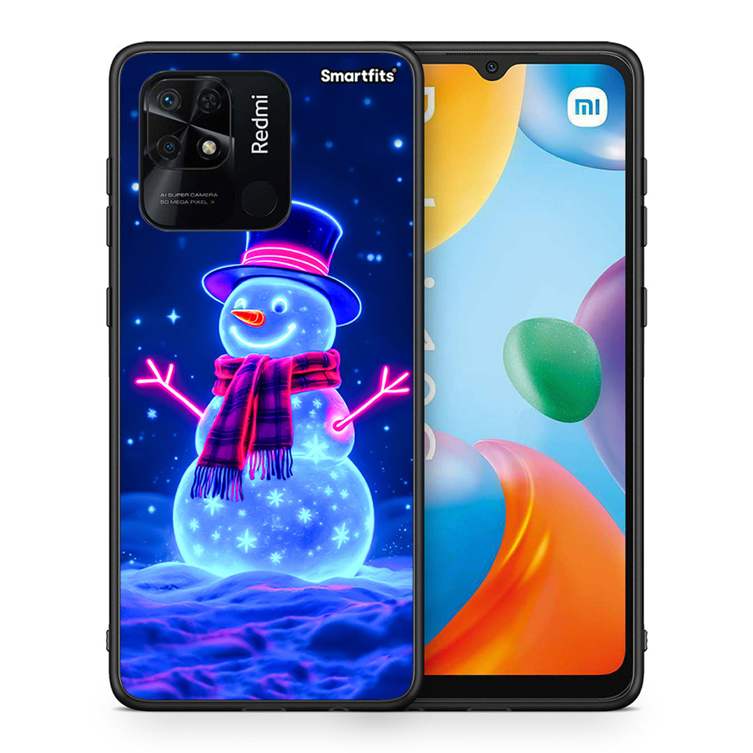 Θήκη Xiaomi Redmi 10C Christmas Neon Snowman από τη Smartfits με σχέδιο στο πίσω μέρος και μαύρο περίβλημα | Xiaomi Redmi 10C Christmas Neon Snowman case with colorful back and black bezels