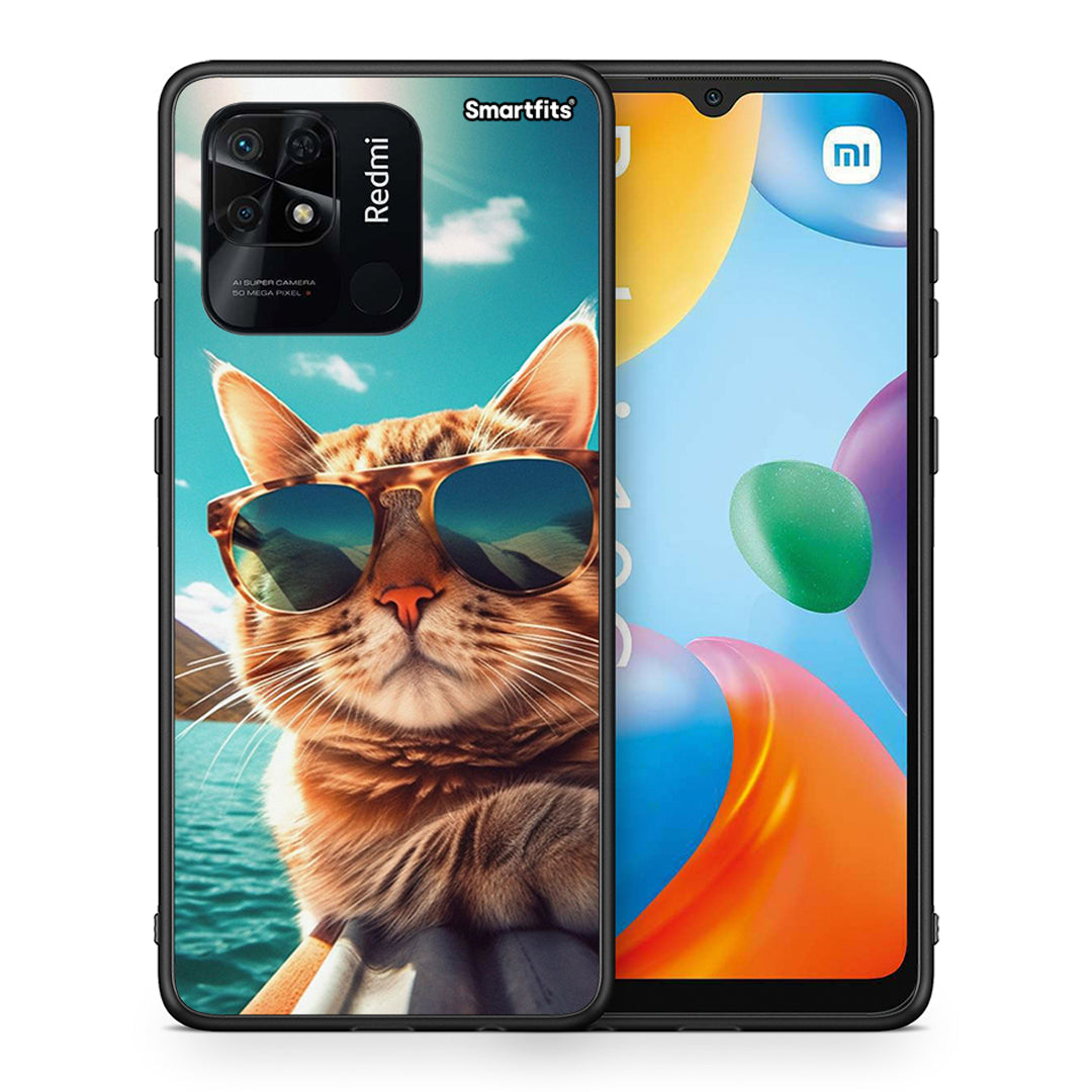 Θήκη Xiaomi Redmi 10C Summer Cat από τη Smartfits με σχέδιο στο πίσω μέρος και μαύρο περίβλημα | Xiaomi Redmi 10C Summer Cat case with colorful back and black bezels