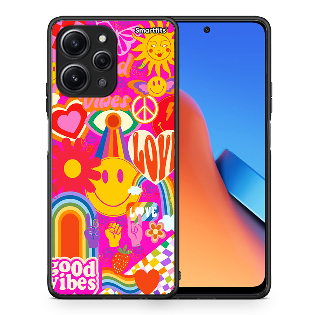 Θήκη Xiaomi Redmi 12 4G Hippie Love από τη Smartfits με σχέδιο στο πίσω μέρος και μαύρο περίβλημα | Xiaomi Redmi 12 4G Hippie Love case with colorful back and black bezels