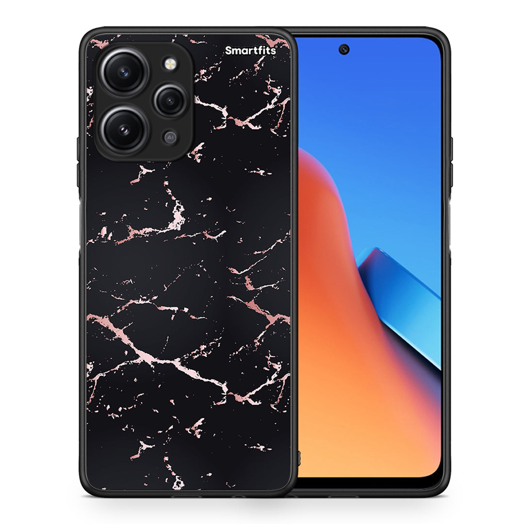 Θήκη Xiaomi Redmi 12 4G Black Rosegold Marble από τη Smartfits με σχέδιο στο πίσω μέρος και μαύρο περίβλημα | Xiaomi Redmi 12 4G Black Rosegold Marble case with colorful back and black bezels