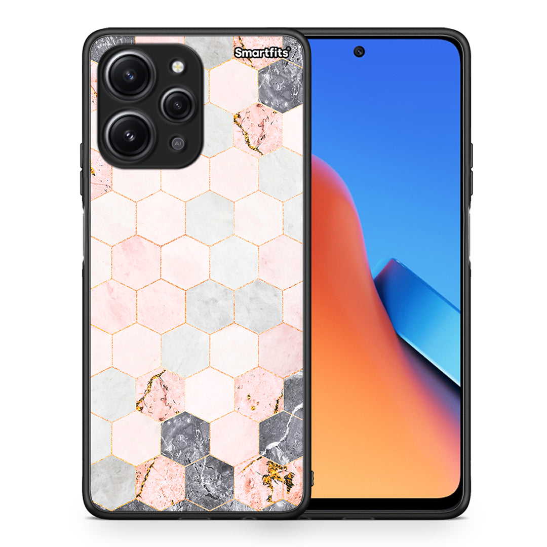 Θήκη Xiaomi Redmi 12 4G Hexagon Pink Marble από τη Smartfits με σχέδιο στο πίσω μέρος και μαύρο περίβλημα | Xiaomi Redmi 12 4G Hexagon Pink Marble case with colorful back and black bezels