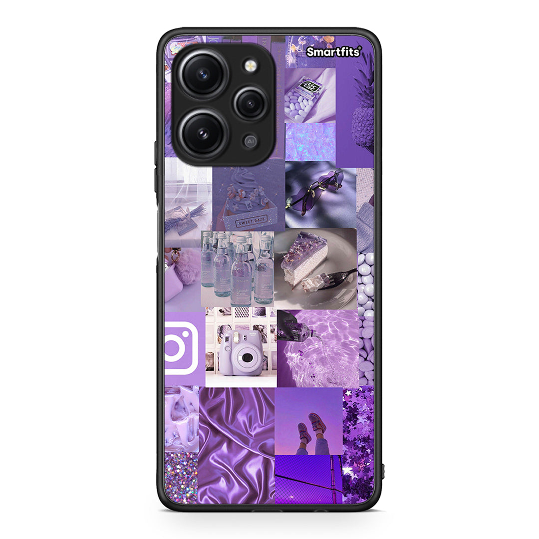 Xiaomi Redmi 12 4G Purple Aesthetic Collage θήκη από τη Smartfits με σχέδιο στο πίσω μέρος και μαύρο περίβλημα | Smartphone case with colorful back and black bezels by Smartfits