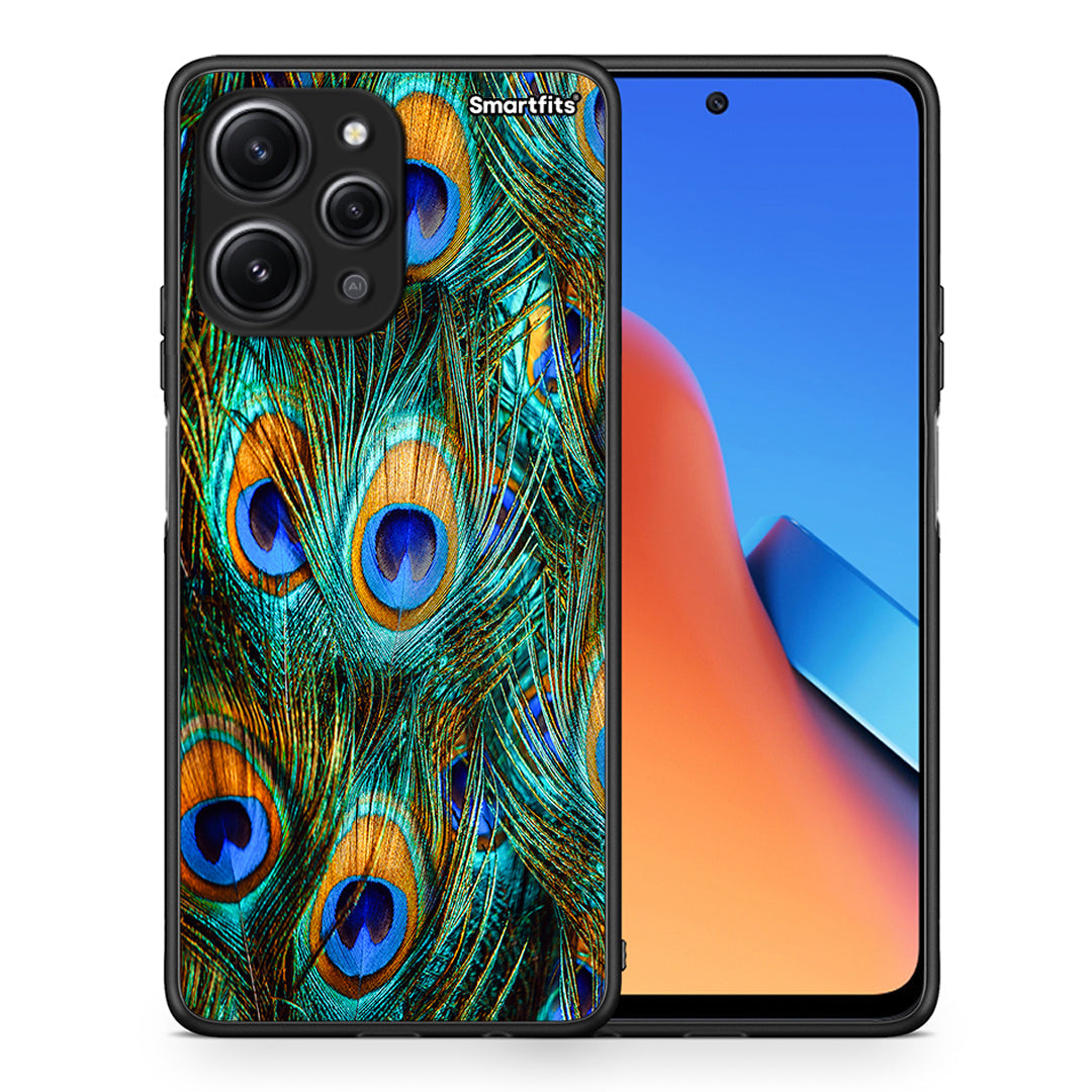 Θήκη Xiaomi Redmi 12 4G Real Peacock Feathers από τη Smartfits με σχέδιο στο πίσω μέρος και μαύρο περίβλημα | Xiaomi Redmi 12 4G Real Peacock Feathers case with colorful back and black bezels