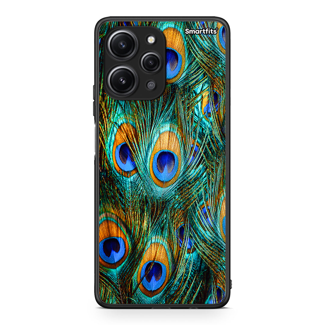 Xiaomi Redmi 12 4G Real Peacock Feathers θήκη από τη Smartfits με σχέδιο στο πίσω μέρος και μαύρο περίβλημα | Smartphone case with colorful back and black bezels by Smartfits