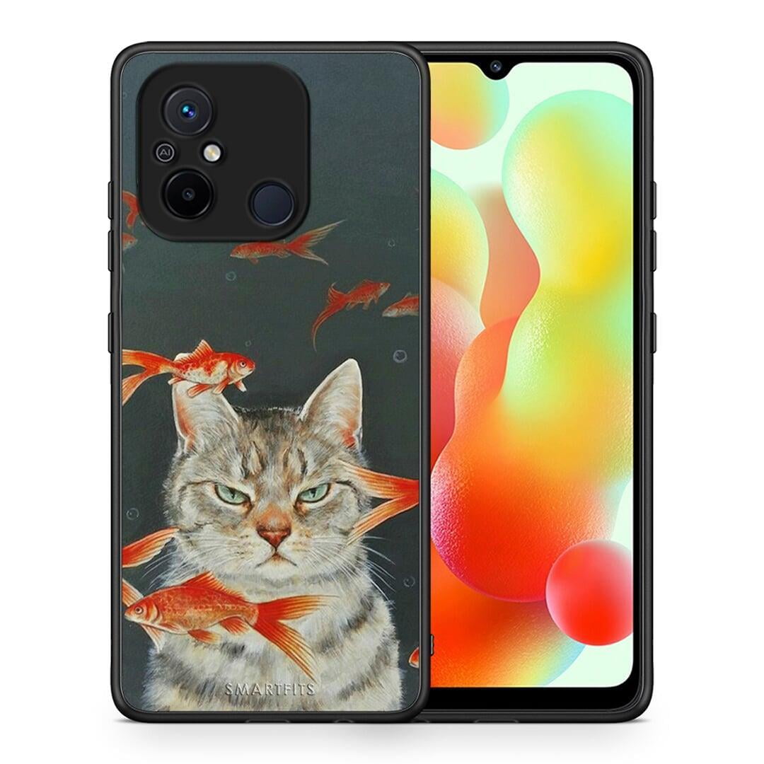 Θήκη Xiaomi Poco C55 Cat Goldfish από τη Smartfits με σχέδιο στο πίσω μέρος και μαύρο περίβλημα | Xiaomi Poco C55 Cat Goldfish Case with Colorful Back and Black Bezels