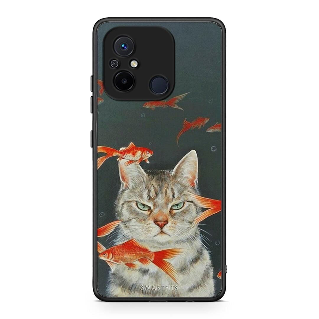 Θήκη Xiaomi Poco C55 Cat Goldfish από τη Smartfits με σχέδιο στο πίσω μέρος και μαύρο περίβλημα | Xiaomi Poco C55 Cat Goldfish Case with Colorful Back and Black Bezels