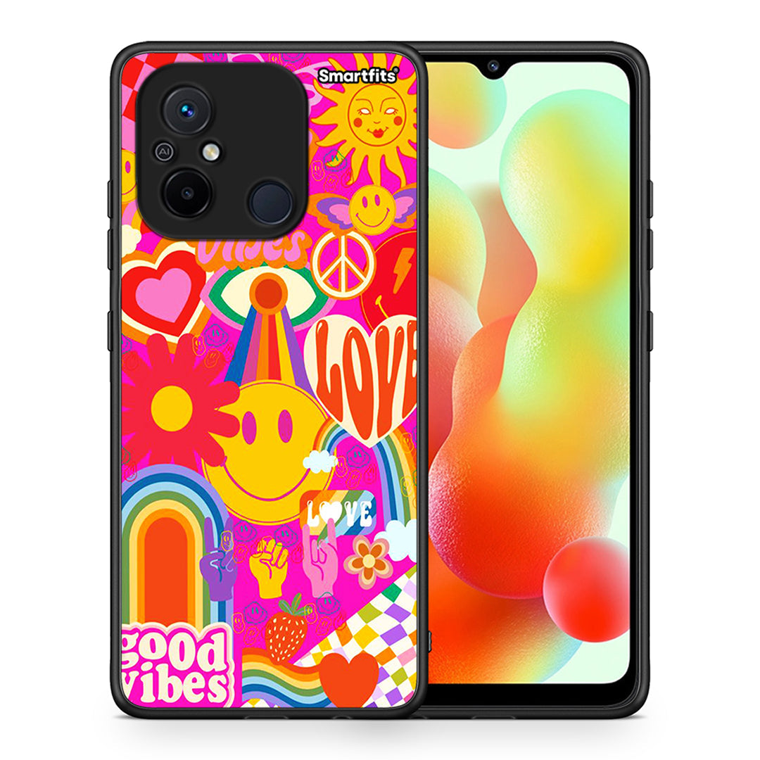 Θήκη Xiaomi Poco C55 Hippie Love από τη Smartfits με σχέδιο στο πίσω μέρος και μαύρο περίβλημα | Xiaomi Poco C55 Hippie Love Case with Colorful Back and Black Bezels