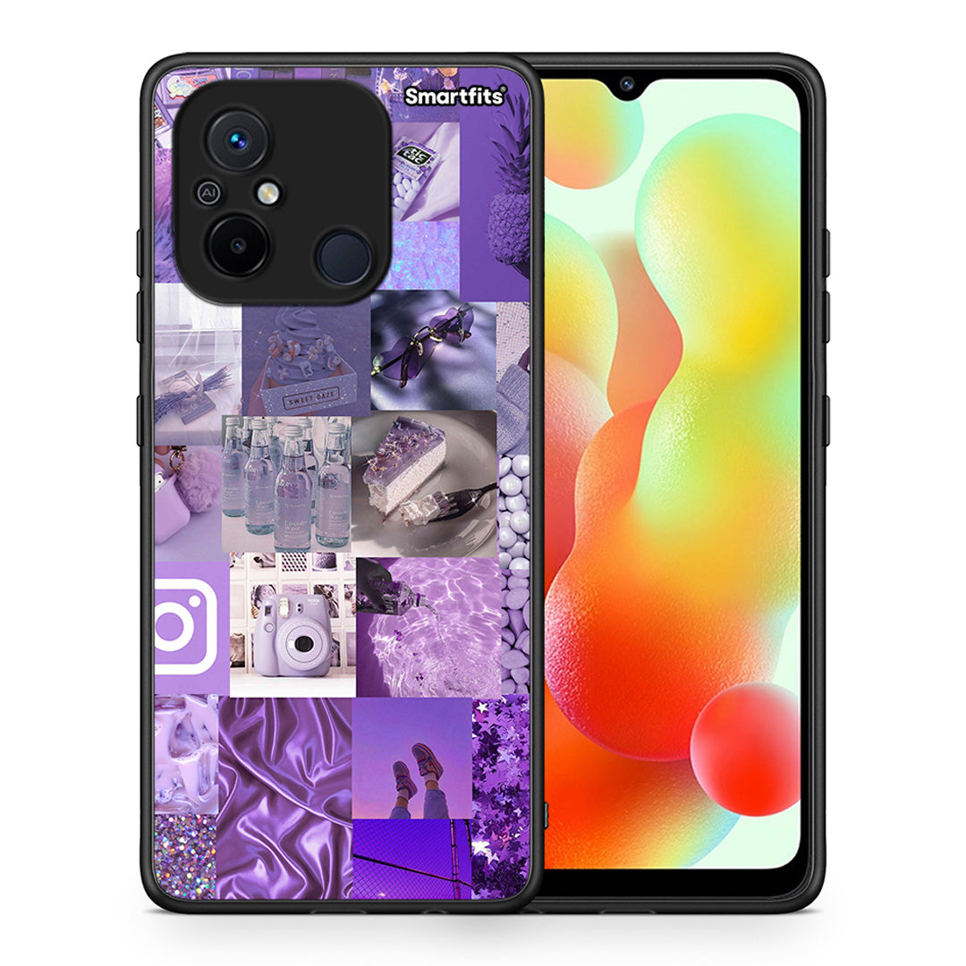 Θήκη Xiaomi Redmi 12C Purple Aesthetic Collage από τη Smartfits με σχέδιο στο πίσω μέρος και μαύρο περίβλημα | Xiaomi Redmi 12C Purple Aesthetic Collage Case with Colorful Back and Black Bezels