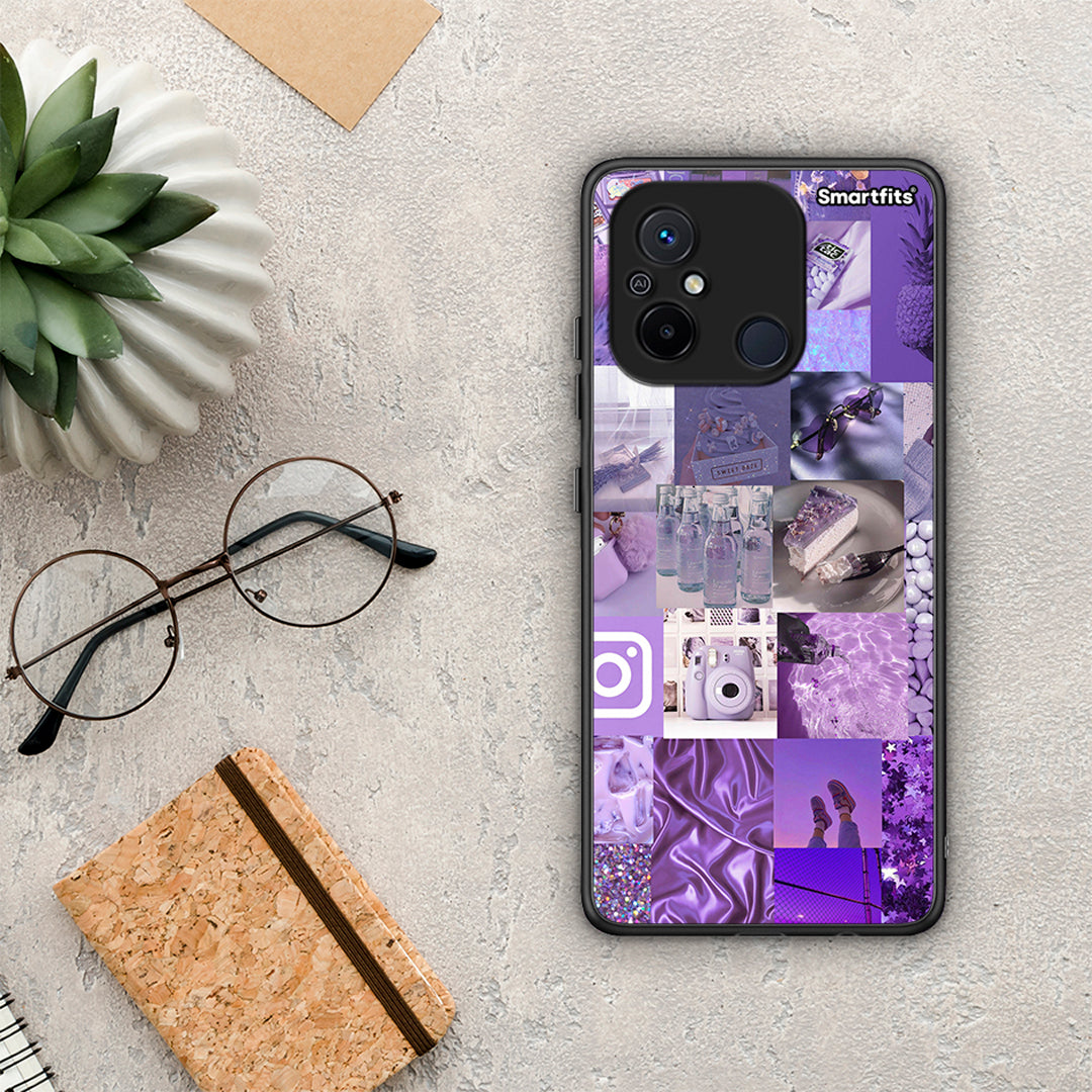 Θήκη Xiaomi Redmi 12C Purple Aesthetic Collage από τη Smartfits με σχέδιο στο πίσω μέρος και μαύρο περίβλημα | Xiaomi Redmi 12C Purple Aesthetic Collage Case with Colorful Back and Black Bezels