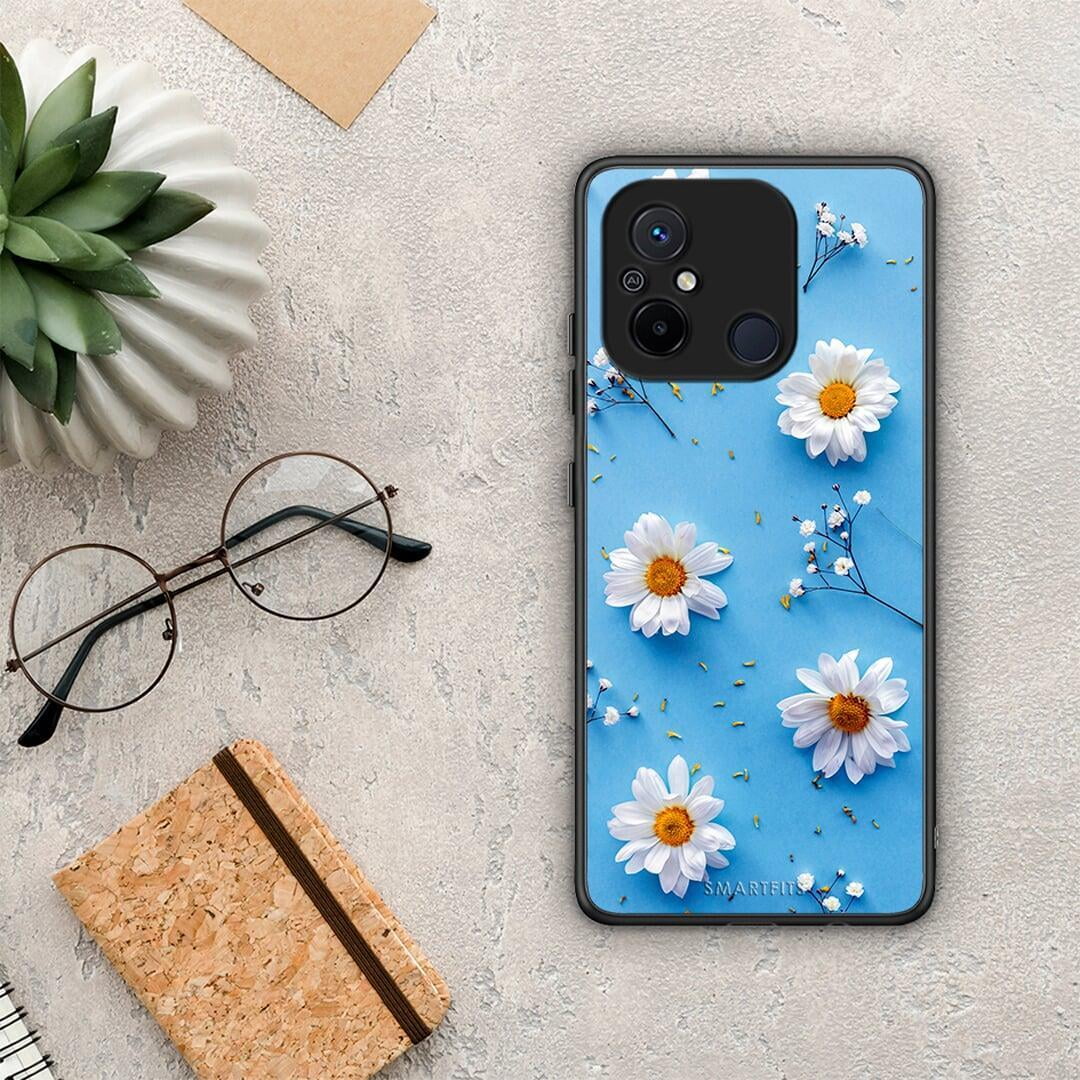 Θήκη Xiaomi Poco C55 Real Daisies από τη Smartfits με σχέδιο στο πίσω μέρος και μαύρο περίβλημα | Xiaomi Poco C55 Real Daisies Case with Colorful Back and Black Bezels