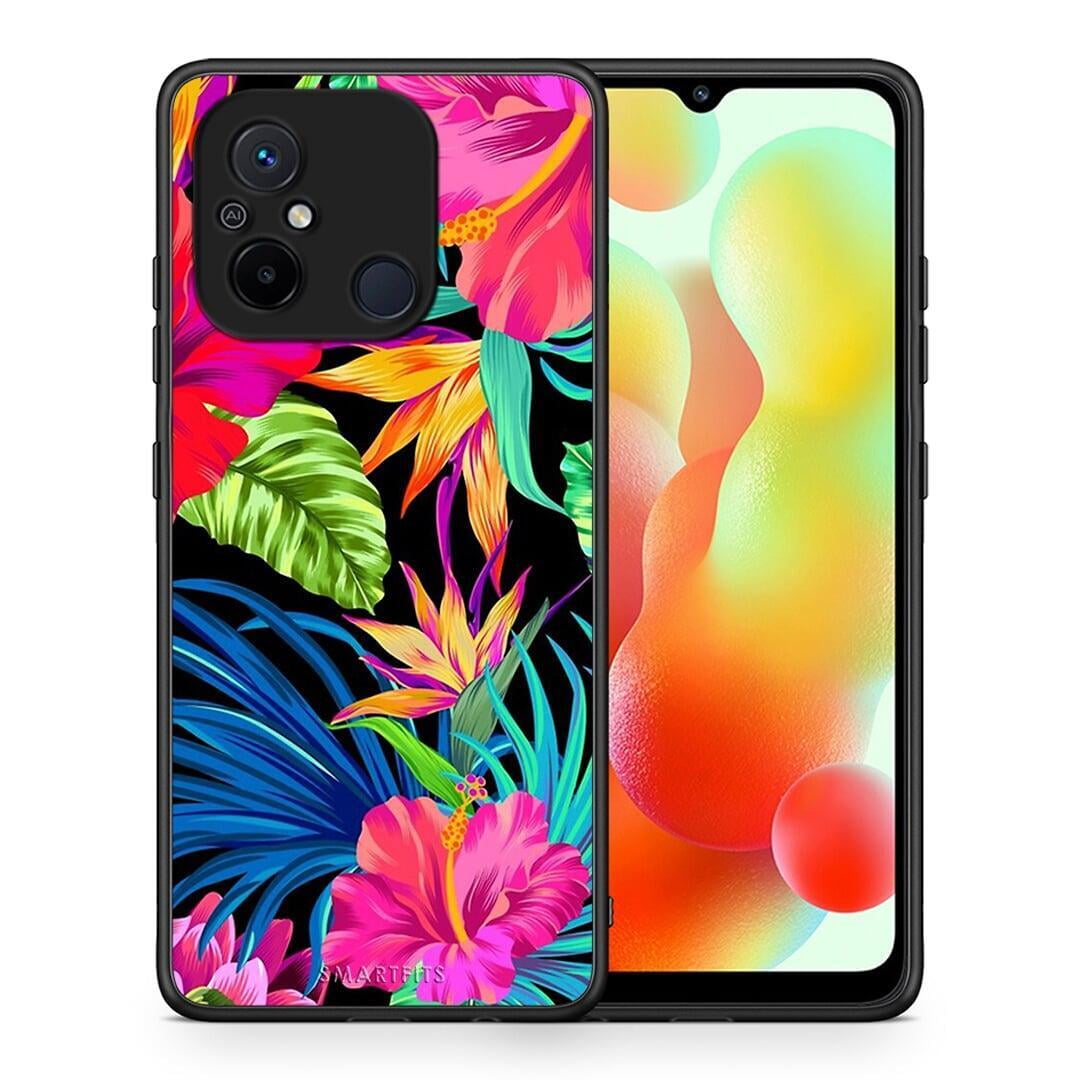 Θήκη Xiaomi Poco C55 Tropical Flowers από τη Smartfits με σχέδιο στο πίσω μέρος και μαύρο περίβλημα | Xiaomi Poco C55 Tropical Flowers Case with Colorful Back and Black Bezels