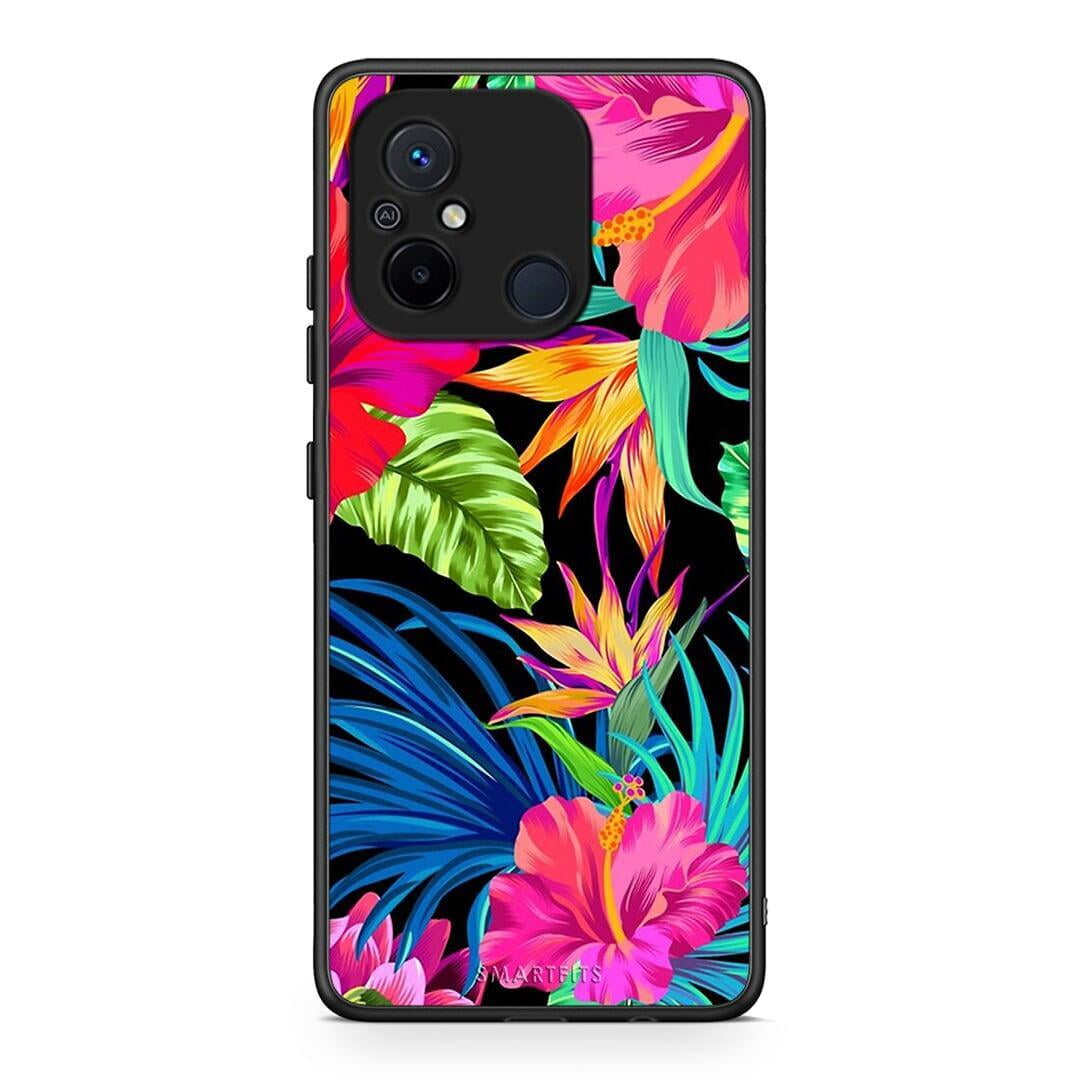 Θήκη Xiaomi Poco C55 Tropical Flowers από τη Smartfits με σχέδιο στο πίσω μέρος και μαύρο περίβλημα | Xiaomi Poco C55 Tropical Flowers Case with Colorful Back and Black Bezels