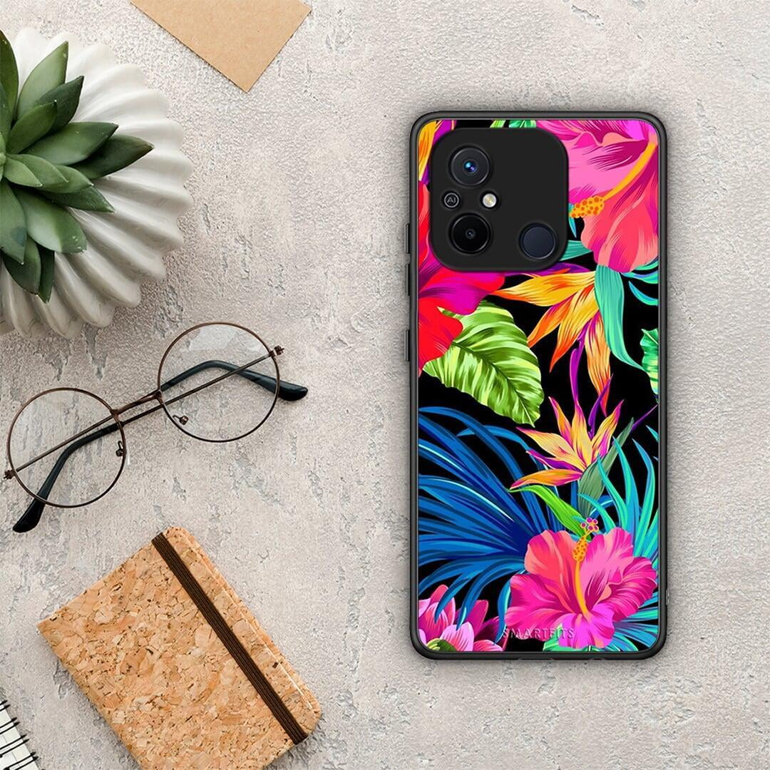 Θήκη Xiaomi Poco C55 Tropical Flowers από τη Smartfits με σχέδιο στο πίσω μέρος και μαύρο περίβλημα | Xiaomi Poco C55 Tropical Flowers Case with Colorful Back and Black Bezels