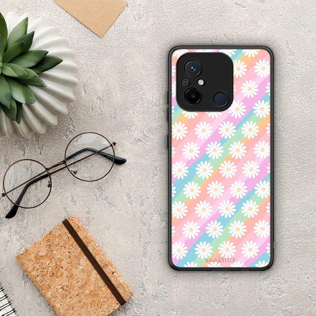 Θήκη Xiaomi Poco C55 White Daisies από τη Smartfits με σχέδιο στο πίσω μέρος και μαύρο περίβλημα | Xiaomi Poco C55 White Daisies Case with Colorful Back and Black Bezels