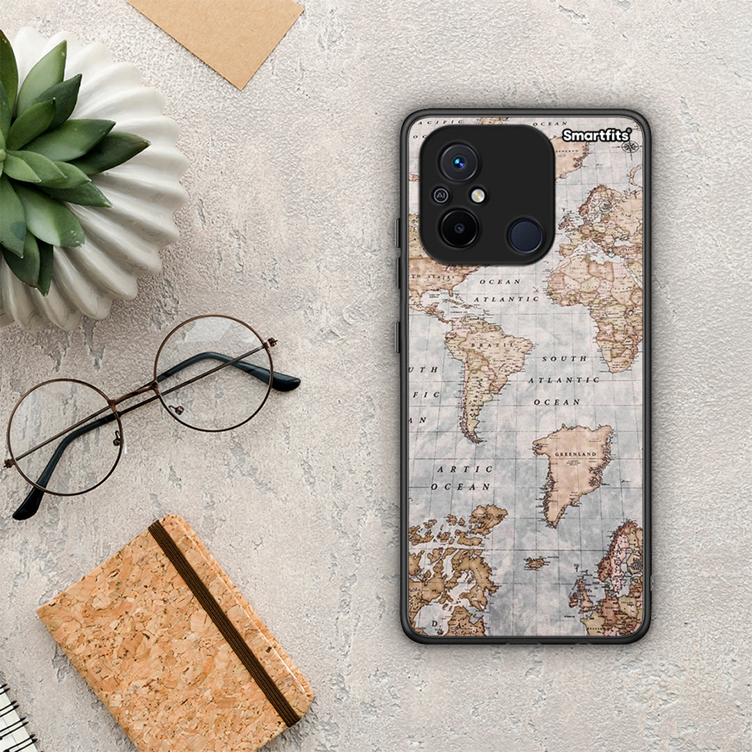 Θήκη Xiaomi Poco C55 World Map από τη Smartfits με σχέδιο στο πίσω μέρος και μαύρο περίβλημα | Xiaomi Poco C55 World Map Case with Colorful Back and Black Bezels