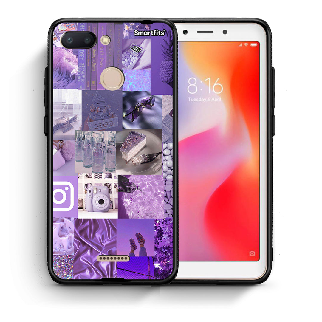 Θήκη Xiaomi Redmi 6 Purple Aesthetic Collage από τη Smartfits με σχέδιο στο πίσω μέρος και μαύρο περίβλημα | Xiaomi Redmi 6 Purple Aesthetic Collage case with colorful back and black bezels