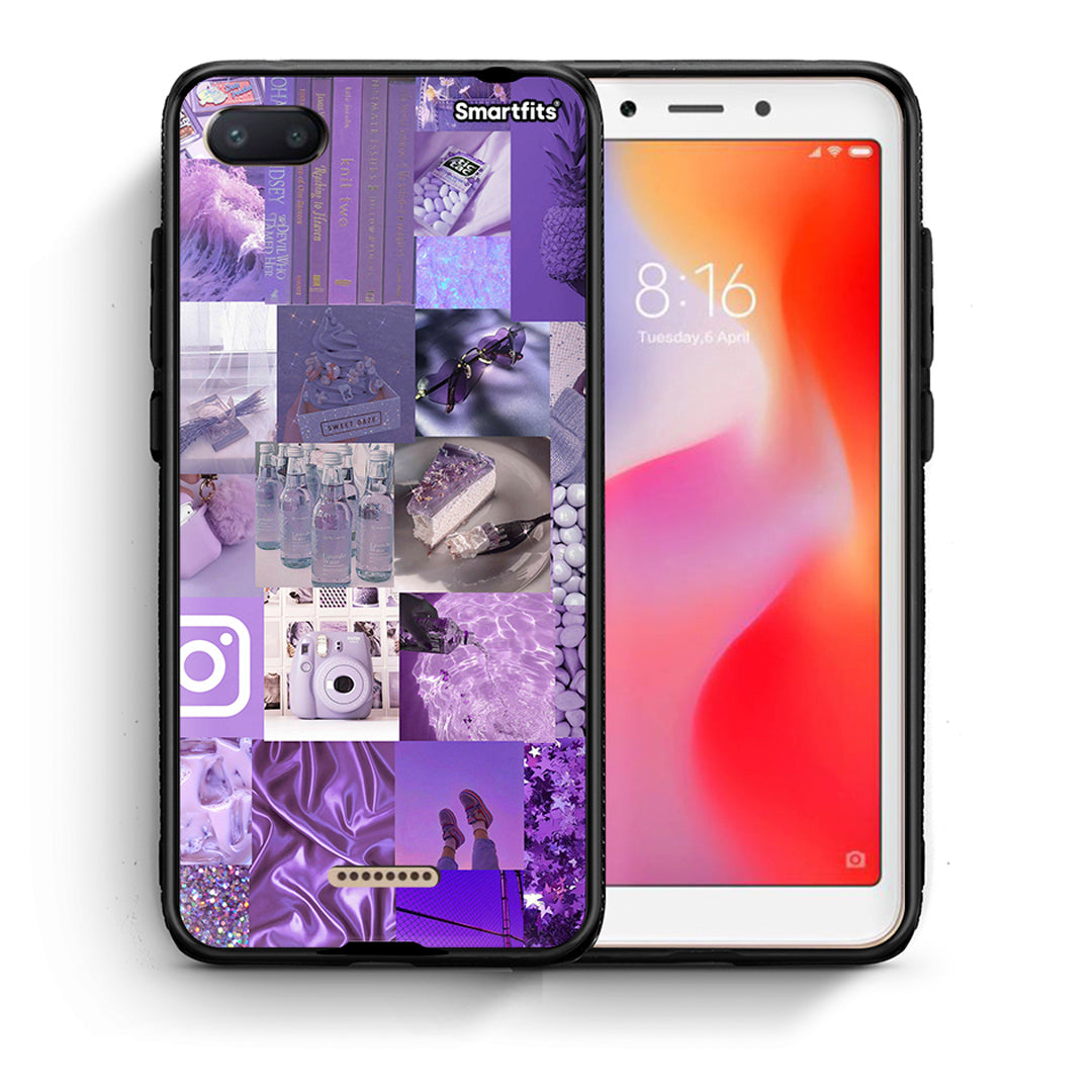 Θήκη Xiaomi Redmi 6A Purple Aesthetic Collage από τη Smartfits με σχέδιο στο πίσω μέρος και μαύρο περίβλημα | Xiaomi Redmi 6A Purple Aesthetic Collage case with colorful back and black bezels