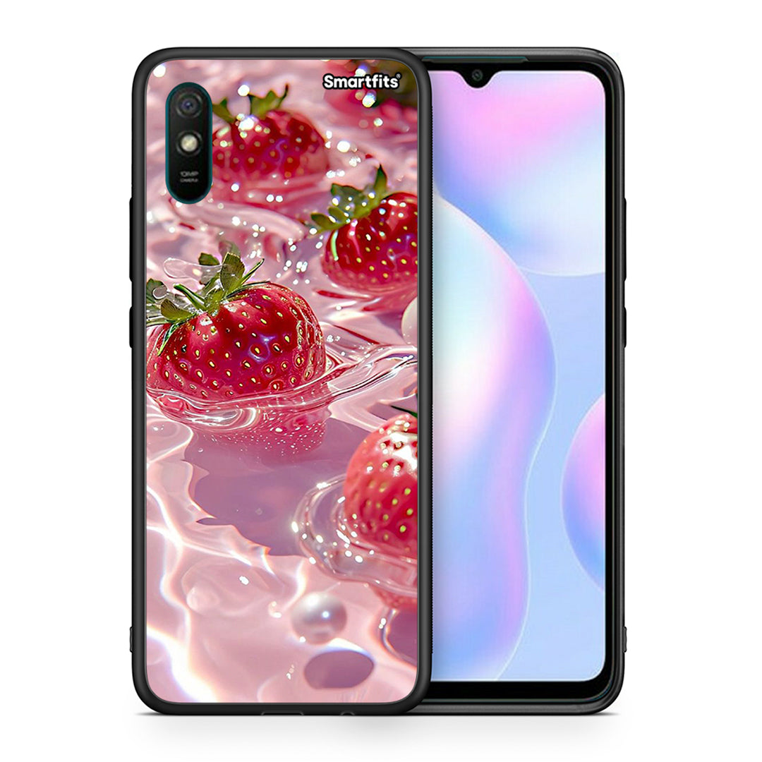 Θήκη Xiaomi Redmi 9A Juicy Strawberries από τη Smartfits με σχέδιο στο πίσω μέρος και μαύρο περίβλημα | Xiaomi Redmi 9A Juicy Strawberries case with colorful back and black bezels