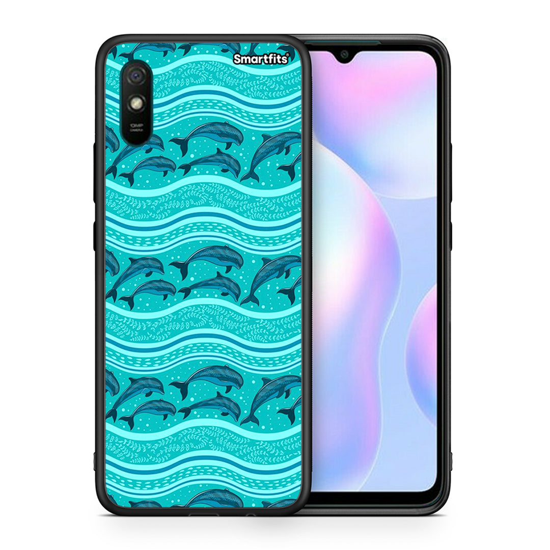 Θήκη Xiaomi Redmi 9A Swimming Dolphins από τη Smartfits με σχέδιο στο πίσω μέρος και μαύρο περίβλημα | Xiaomi Redmi 9A Swimming Dolphins case with colorful back and black bezels