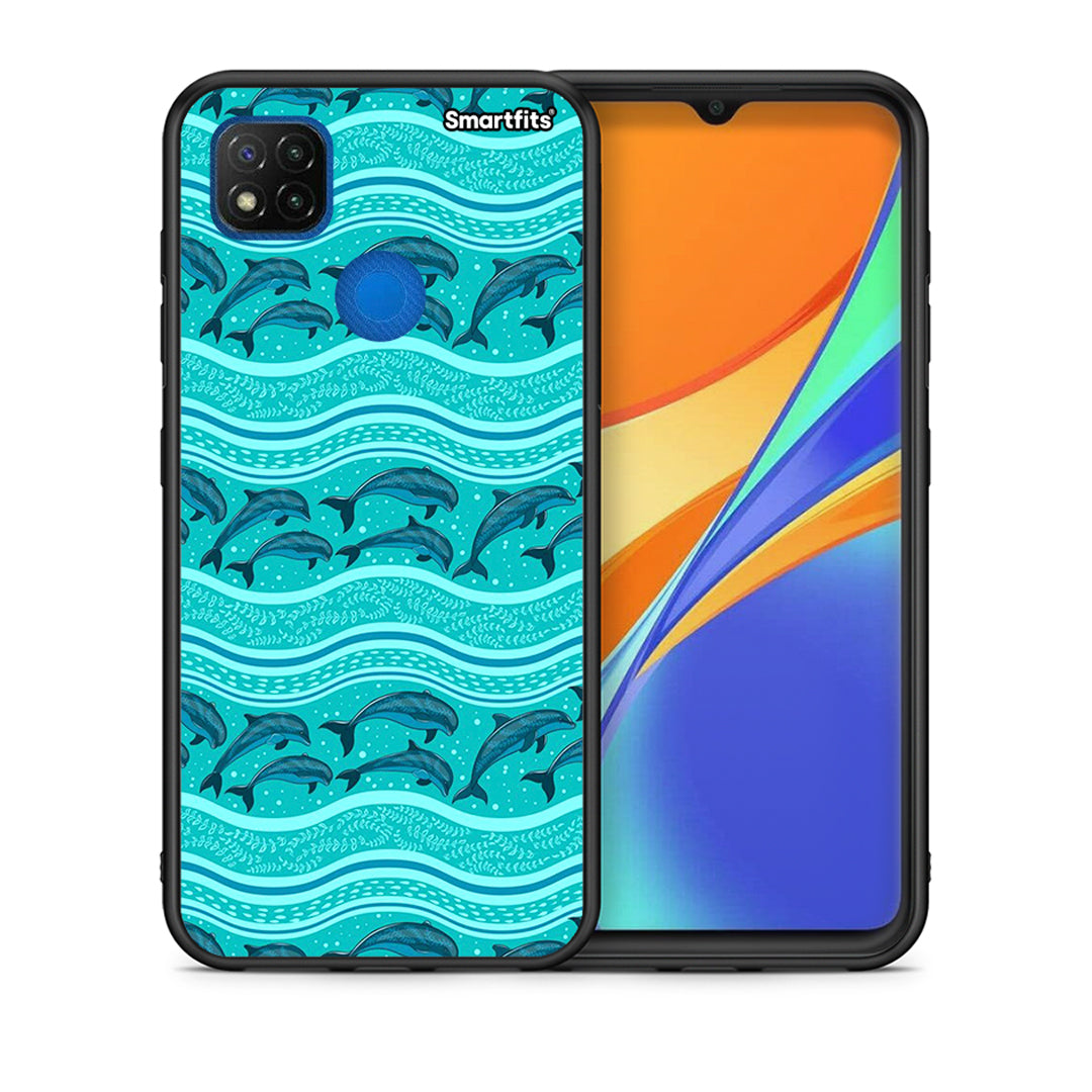 Θήκη Xiaomi Redmi 9C Swimming Dolphins από τη Smartfits με σχέδιο στο πίσω μέρος και μαύρο περίβλημα | Xiaomi Redmi 9C Swimming Dolphins case with colorful back and black bezels