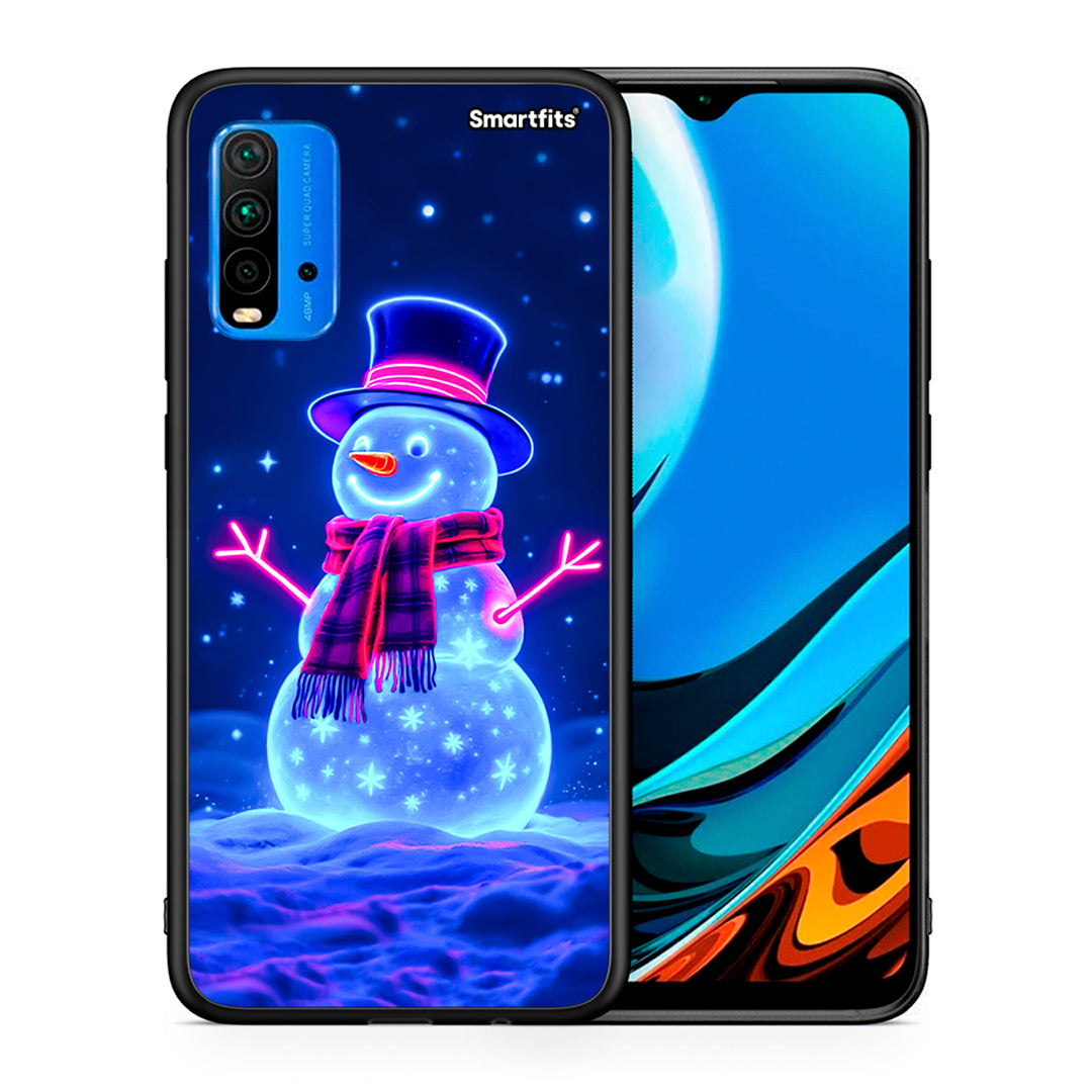 Θήκη Xiaomi Poco M3 Christmas Neon Snowman από τη Smartfits με σχέδιο στο πίσω μέρος και μαύρο περίβλημα | Xiaomi Poco M3 Christmas Neon Snowman case with colorful back and black bezels