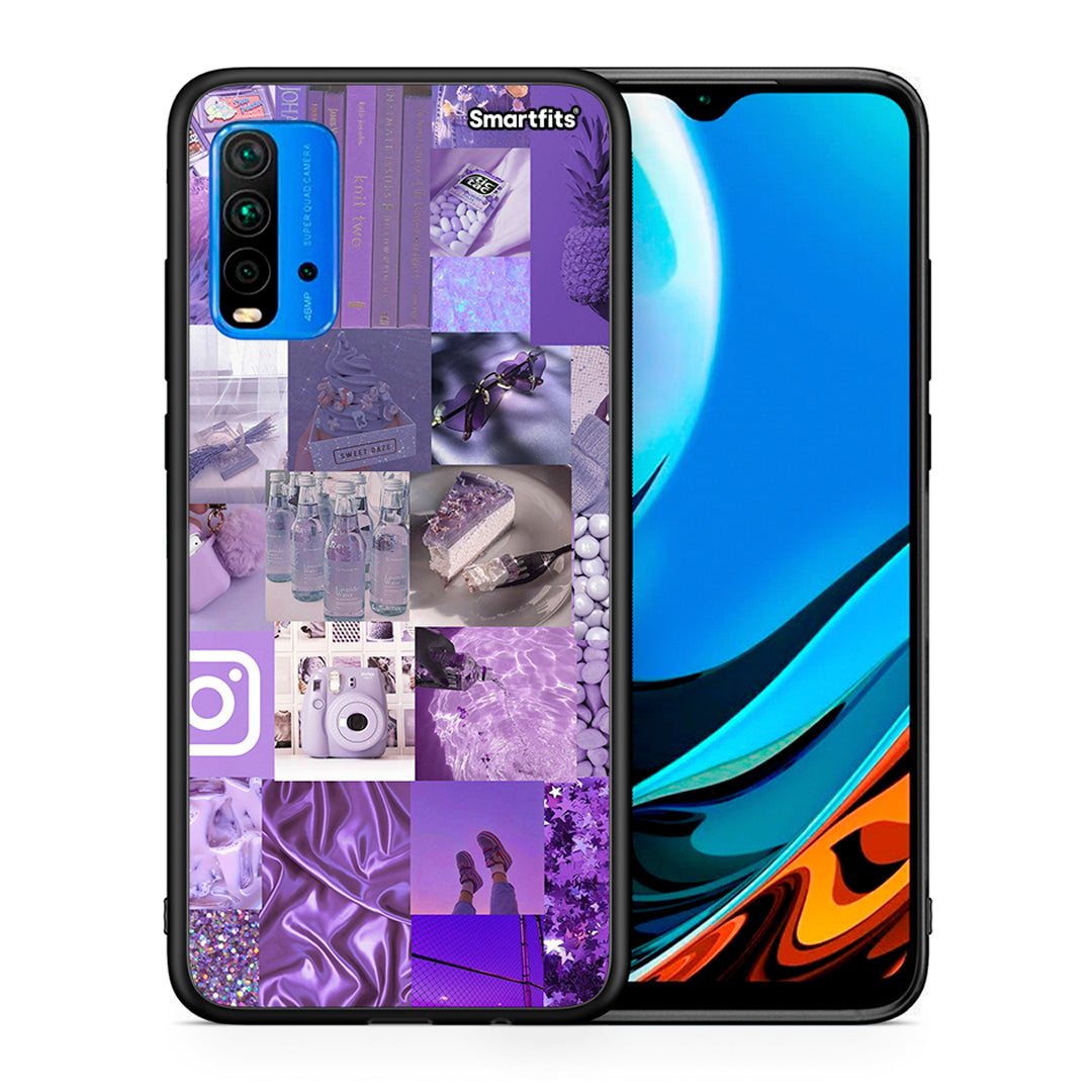 Θήκη Xiaomi Poco M3 Purple Aesthetic Collage από τη Smartfits με σχέδιο στο πίσω μέρος και μαύρο περίβλημα | Xiaomi Poco M3 Purple Aesthetic Collage case with colorful back and black bezels