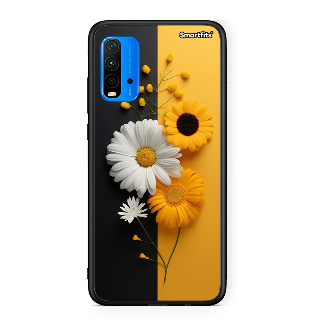 Xiaomi Redmi 9T Yellow Daisies θήκη από τη Smartfits με σχέδιο στο πίσω μέρος και μαύρο περίβλημα | Smartphone case with colorful back and black bezels by Smartfits