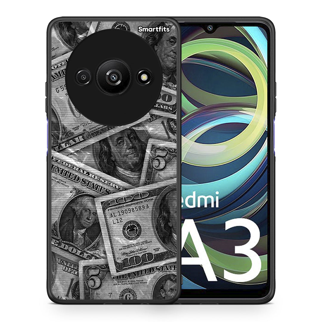 Θήκη Xiaomi Redmi A3 Money Dollars από τη Smartfits με σχέδιο στο πίσω μέρος και μαύρο περίβλημα | Xiaomi Redmi A3 Money Dollars case with colorful back and black bezels