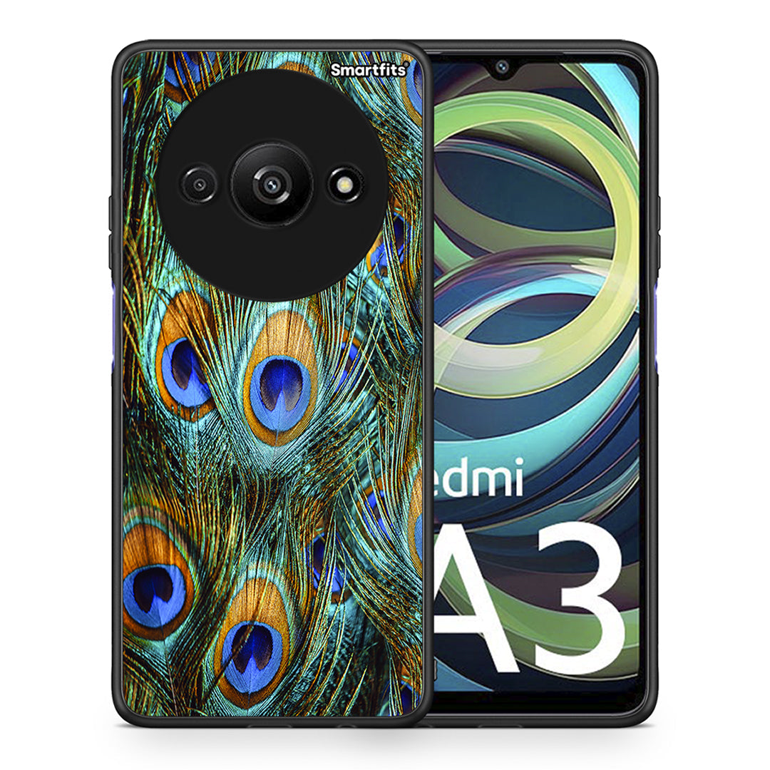 Θήκη Xiaomi Redmi A3 Real Peacock Feathers από τη Smartfits με σχέδιο στο πίσω μέρος και μαύρο περίβλημα | Xiaomi Redmi A3 Real Peacock Feathers case with colorful back and black bezels