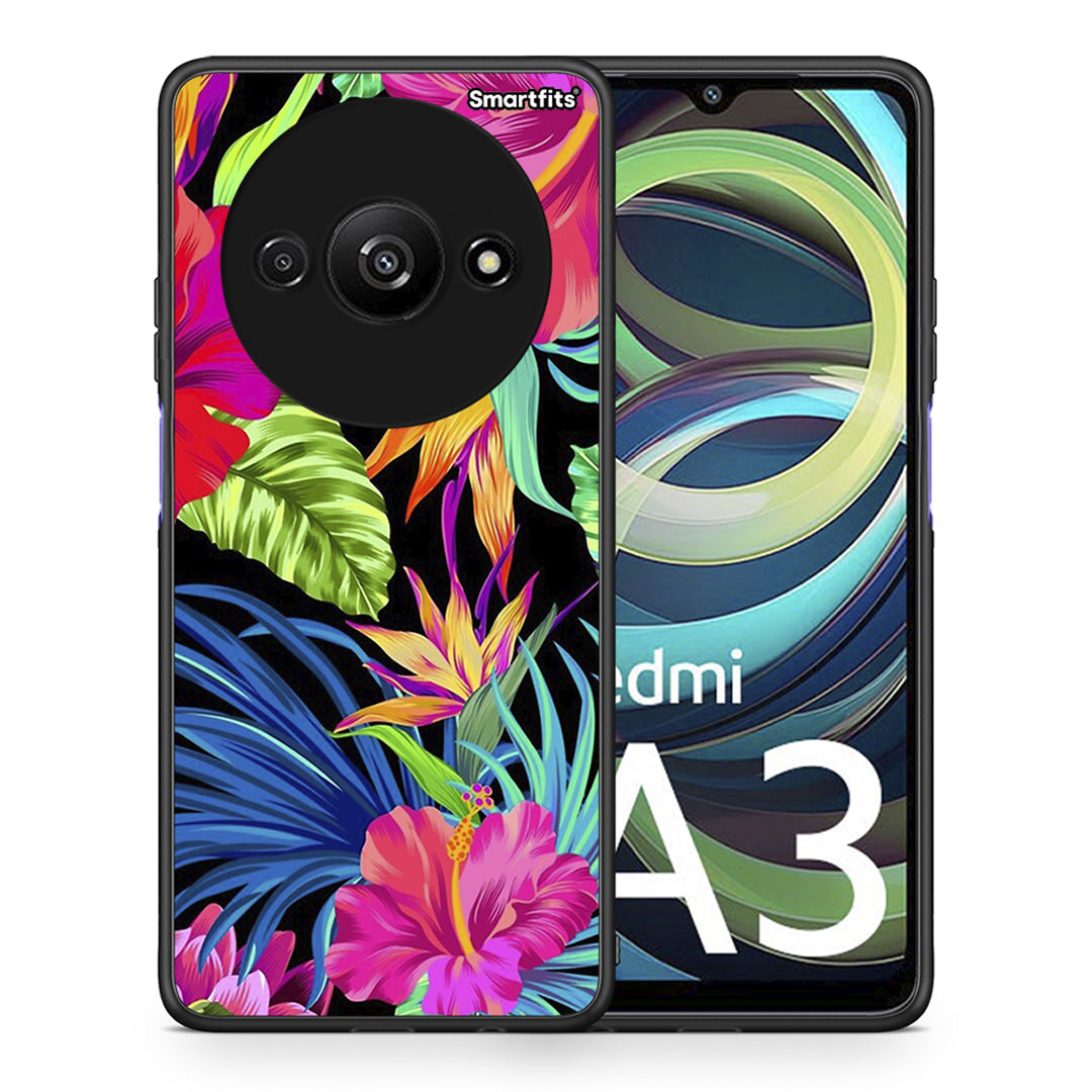 Θήκη Xiaomi Redmi A3 Tropical Flowers από τη Smartfits με σχέδιο στο πίσω μέρος και μαύρο περίβλημα | Xiaomi Redmi A3 Tropical Flowers case with colorful back and black bezels
