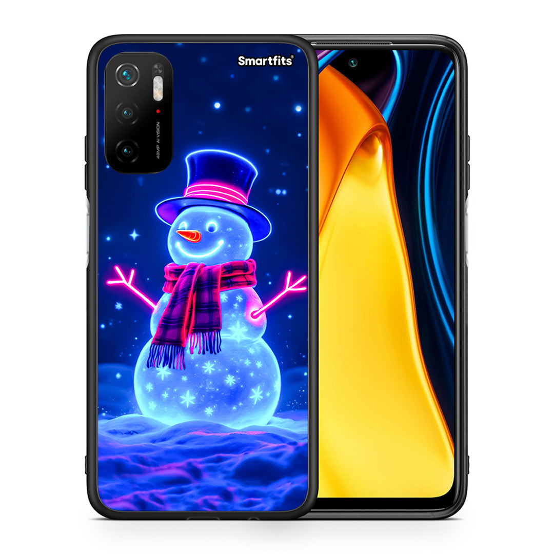 Θήκη Xiaomi Redmi Note 10 5G/Poco M3 Pro Christmas Neon Snowman από τη Smartfits με σχέδιο στο πίσω μέρος και μαύρο περίβλημα | Xiaomi Redmi Note 10 5G/Poco M3 Pro Christmas Neon Snowman case with colorful back and black bezels