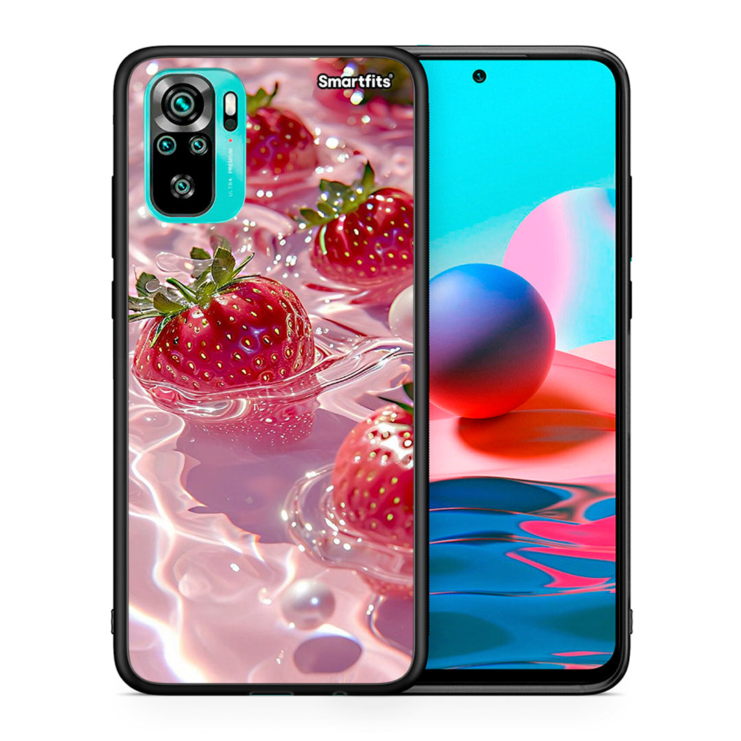 Θήκη Xiaomi Redmi Note 10 Juicy Strawberries από τη Smartfits με σχέδιο στο πίσω μέρος και μαύρο περίβλημα | Xiaomi Redmi Note 10 Juicy Strawberries case with colorful back and black bezels