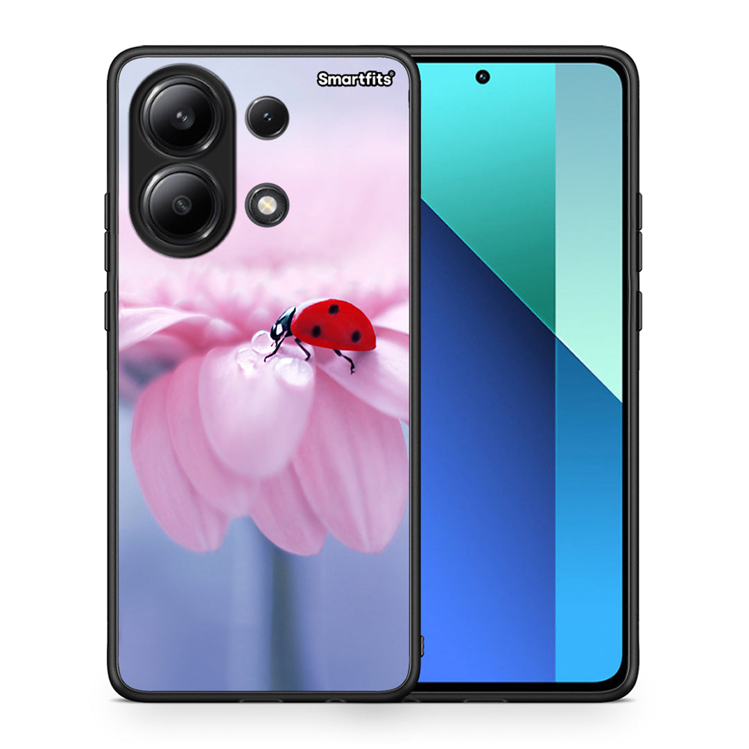 Θήκη Xiaomi Redmi Note 13 4G Ladybug Flower από τη Smartfits με σχέδιο στο πίσω μέρος και μαύρο περίβλημα | Xiaomi Redmi Note 13 4G Ladybug Flower case with colorful back and black bezels