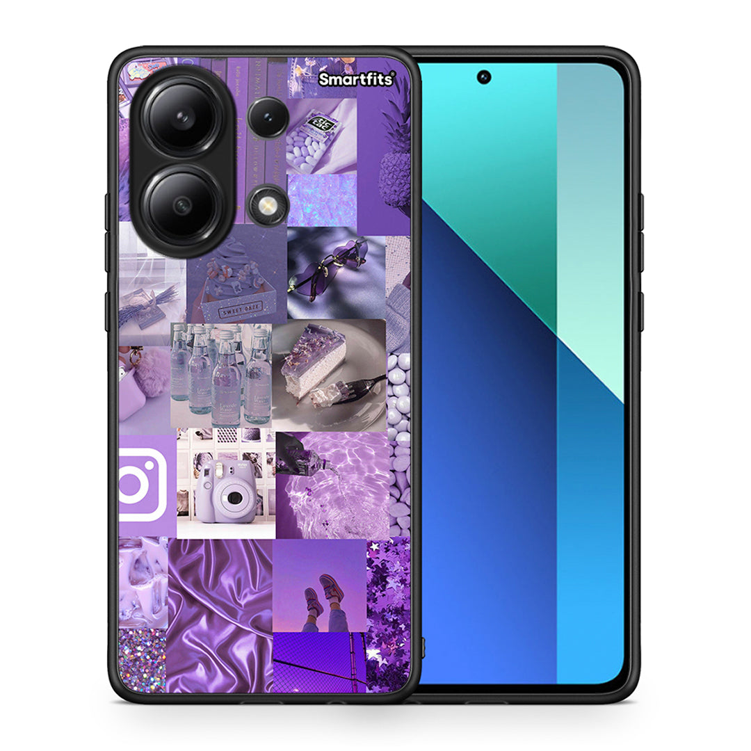 Θήκη Xiaomi Redmi Note 13 4G Purple Aesthetic Collage από τη Smartfits με σχέδιο στο πίσω μέρος και μαύρο περίβλημα | Xiaomi Redmi Note 13 4G Purple Aesthetic Collage case with colorful back and black bezels