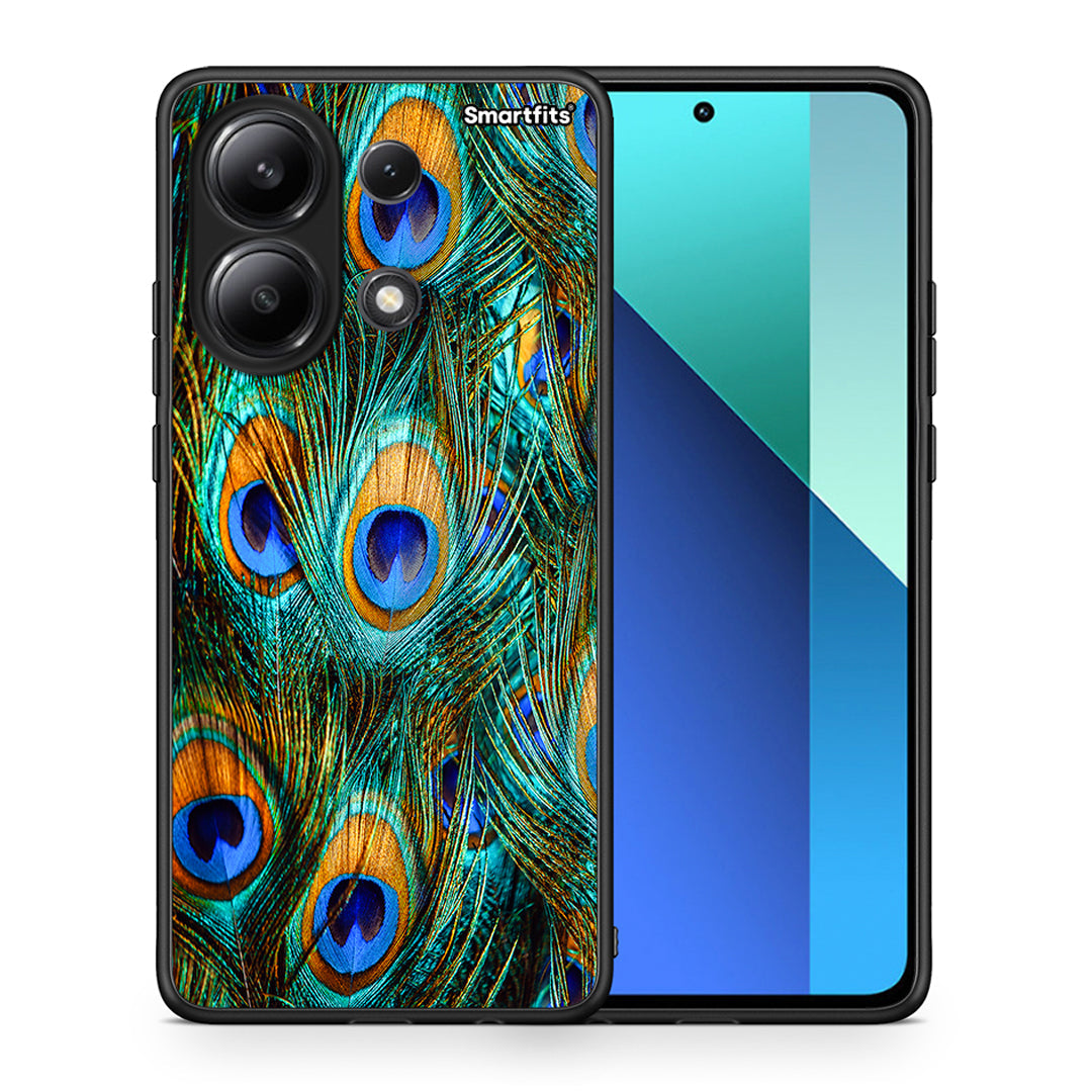 Θήκη Xiaomi Redmi Note 13 4G Real Peacock Feathers από τη Smartfits με σχέδιο στο πίσω μέρος και μαύρο περίβλημα | Xiaomi Redmi Note 13 4G Real Peacock Feathers case with colorful back and black bezels