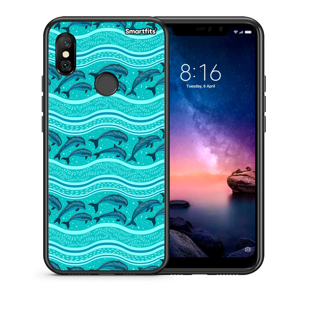 Θήκη Xiaomi Redmi Note 6 Pro Swimming Dolphins από τη Smartfits με σχέδιο στο πίσω μέρος και μαύρο περίβλημα | Xiaomi Redmi Note 6 Pro Swimming Dolphins case with colorful back and black bezels