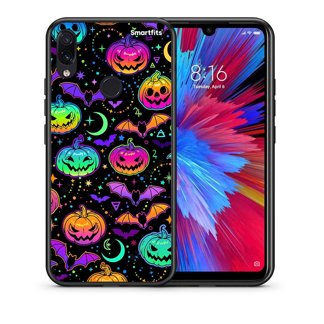 Θήκη Xiaomi Redmi Note 7 Neon Halloween από τη Smartfits με σχέδιο στο πίσω μέρος και μαύρο περίβλημα | Xiaomi Redmi Note 7 Neon Halloween case with colorful back and black bezels