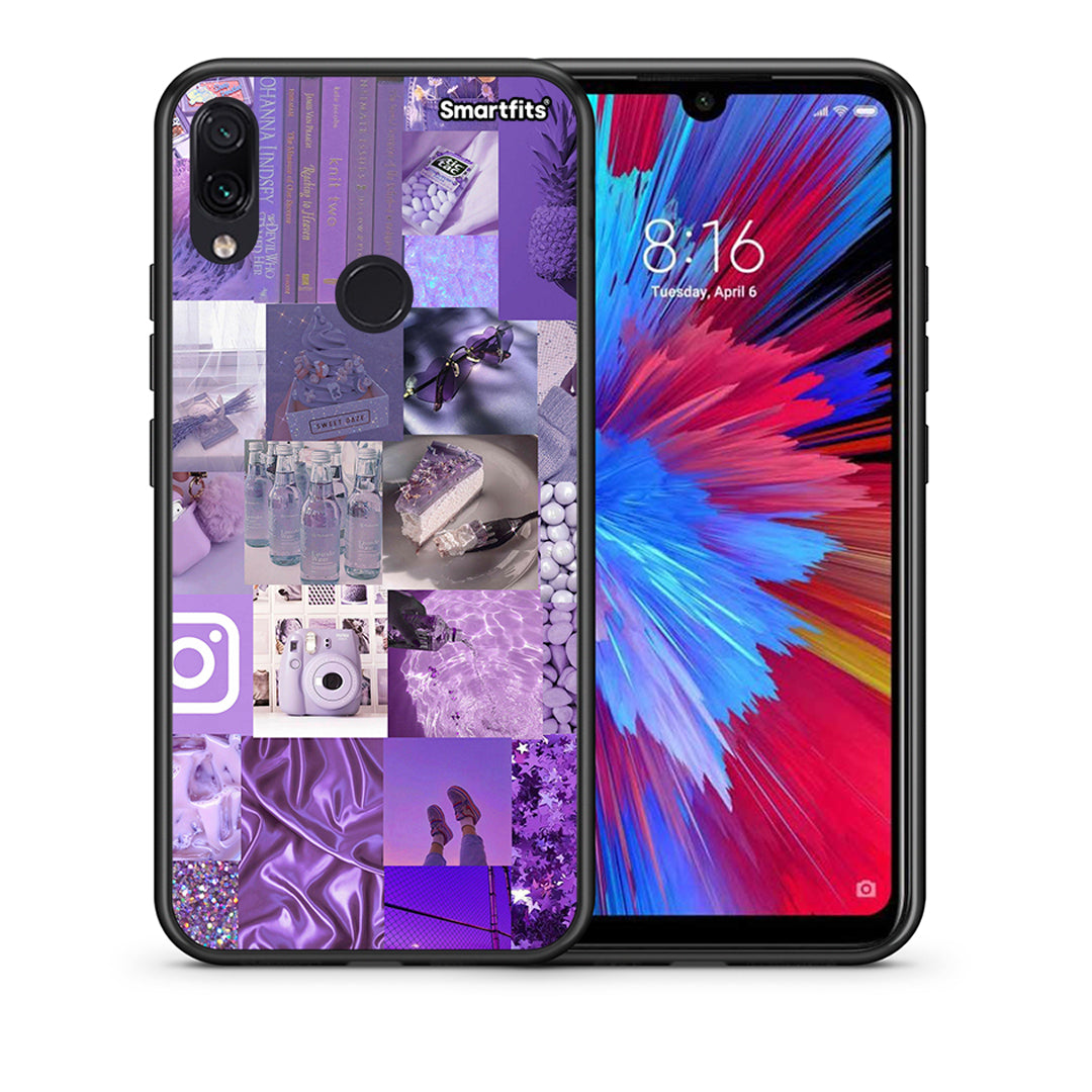 Θήκη Xiaomi Redmi Note 7 Purple Aesthetic Collage από τη Smartfits με σχέδιο στο πίσω μέρος και μαύρο περίβλημα | Xiaomi Redmi Note 7 Purple Aesthetic Collage case with colorful back and black bezels