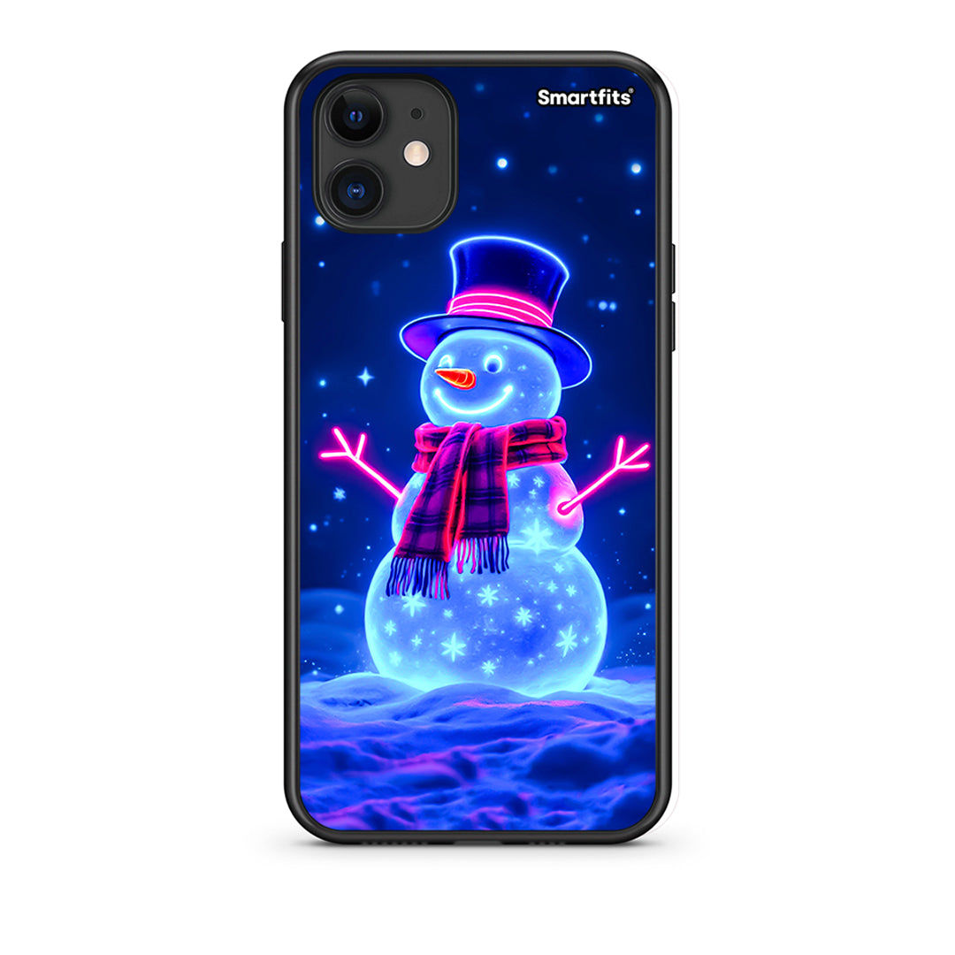 iPhone 11 Christmas Neon Snowman Θήκη από τη Smartfits με σχέδιο στο πίσω μέρος και μαύρο περίβλημα | Smartphone case with colorful back and black bezels by Smartfits