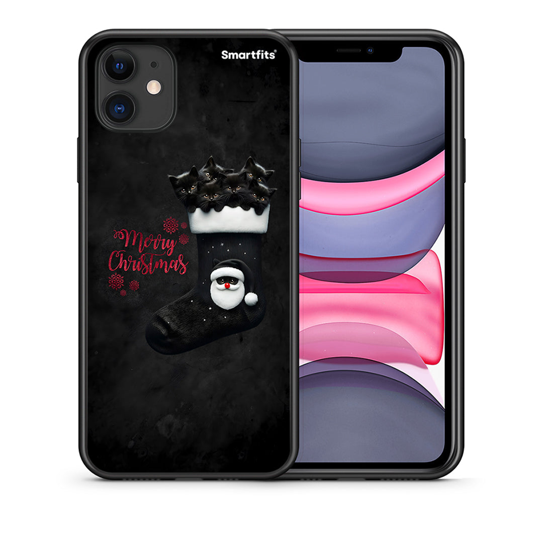 Θήκη iPhone 11 Merry Cat Christmas από τη Smartfits με σχέδιο στο πίσω μέρος και μαύρο περίβλημα | iPhone 11 Merry Cat Christmas case with colorful back and black bezels