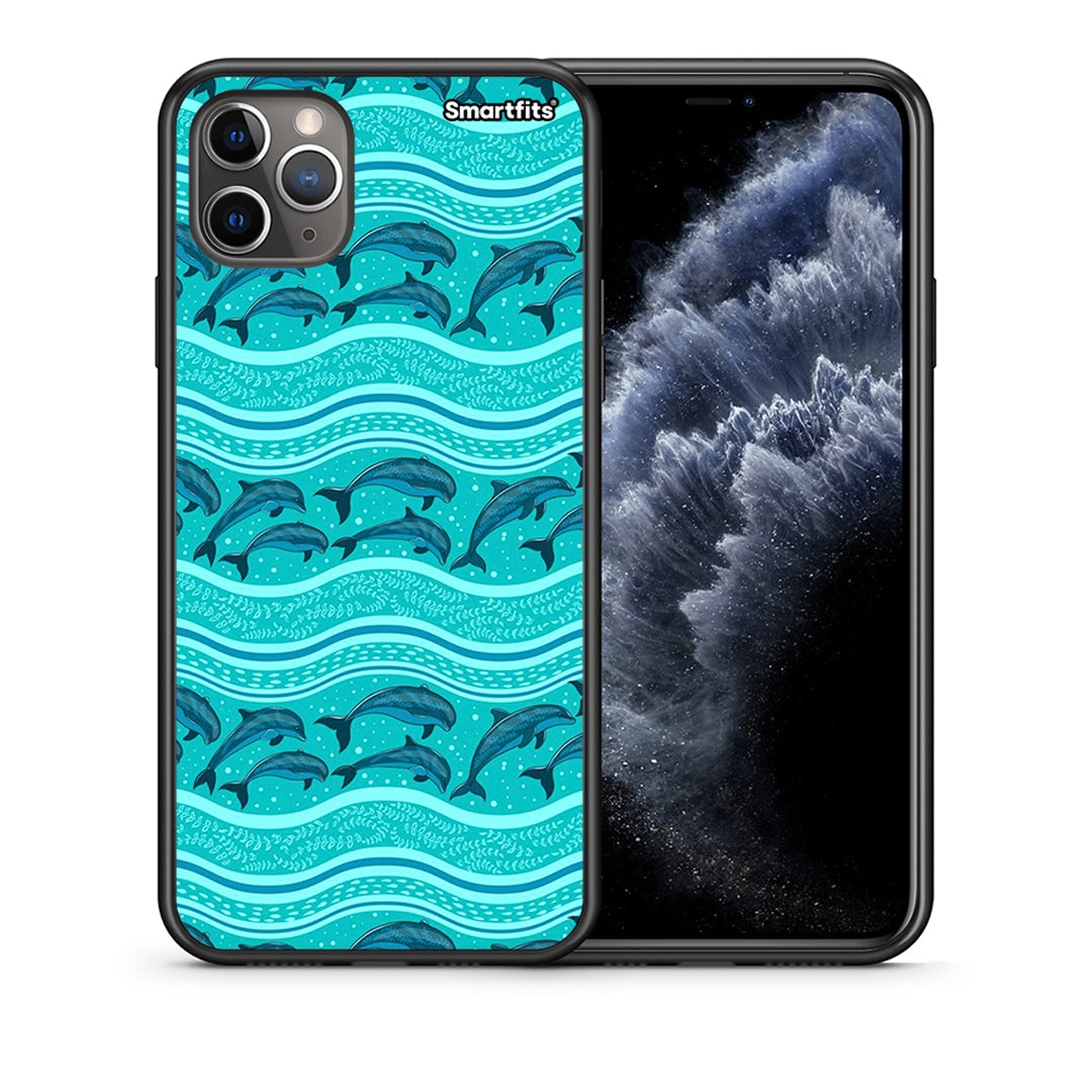 Θήκη iPhone 11 Pro Swimming Dolphins από τη Smartfits με σχέδιο στο πίσω μέρος και μαύρο περίβλημα | iPhone 11 Pro Swimming Dolphins case with colorful back and black bezels