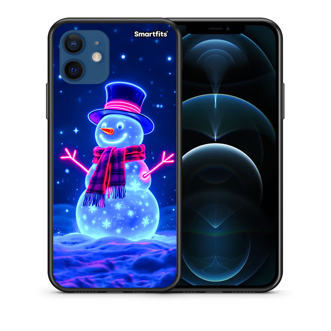 Θήκη iPhone 12 Christmas Neon Snowman από τη Smartfits με σχέδιο στο πίσω μέρος και μαύρο περίβλημα | iPhone 12 Christmas Neon Snowman case with colorful back and black bezels