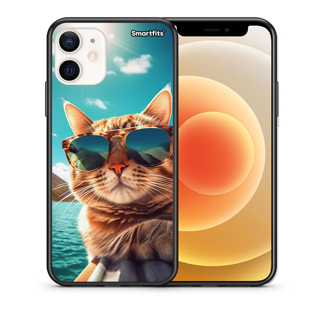 Θήκη iPhone 12 Mini Summer Cat από τη Smartfits με σχέδιο στο πίσω μέρος και μαύρο περίβλημα | iPhone 12 Mini Summer Cat case with colorful back and black bezels