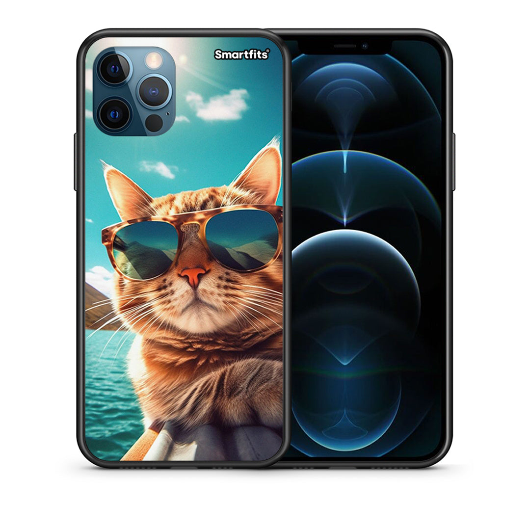 Θήκη iPhone 12 Pro Max Summer Cat από τη Smartfits με σχέδιο στο πίσω μέρος και μαύρο περίβλημα | iPhone 12 Pro Max Summer Cat case with colorful back and black bezels