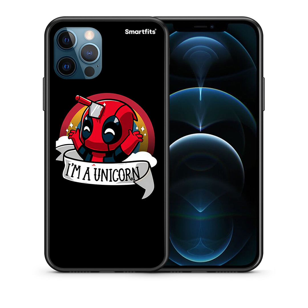 Θήκη iPhone 12 Pro Max Unicorn Deadpool από τη Smartfits με σχέδιο στο πίσω μέρος και μαύρο περίβλημα | iPhone 12 Pro Max Unicorn Deadpool case with colorful back and black bezels