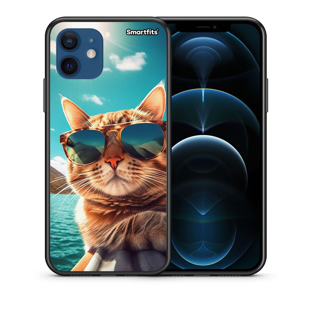Θήκη iPhone 12 Pro Summer Cat από τη Smartfits με σχέδιο στο πίσω μέρος και μαύρο περίβλημα | iPhone 12 Pro Summer Cat case with colorful back and black bezels