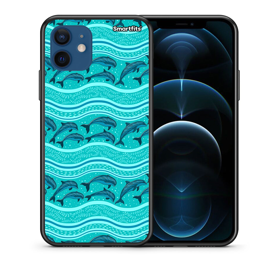 Θήκη iPhone 12 Swimming Dolphins από τη Smartfits με σχέδιο στο πίσω μέρος και μαύρο περίβλημα | iPhone 12 Swimming Dolphins case with colorful back and black bezels