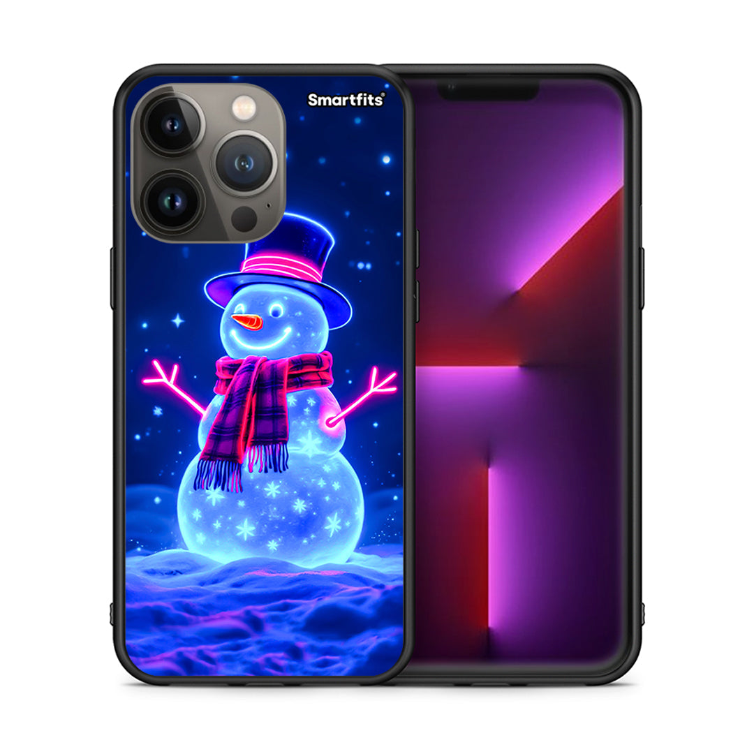 Θήκη iPhone 13 Pro Max Christmas Neon Snowman από τη Smartfits με σχέδιο στο πίσω μέρος και μαύρο περίβλημα | iPhone 13 Pro Max Christmas Neon Snowman case with colorful back and black bezels